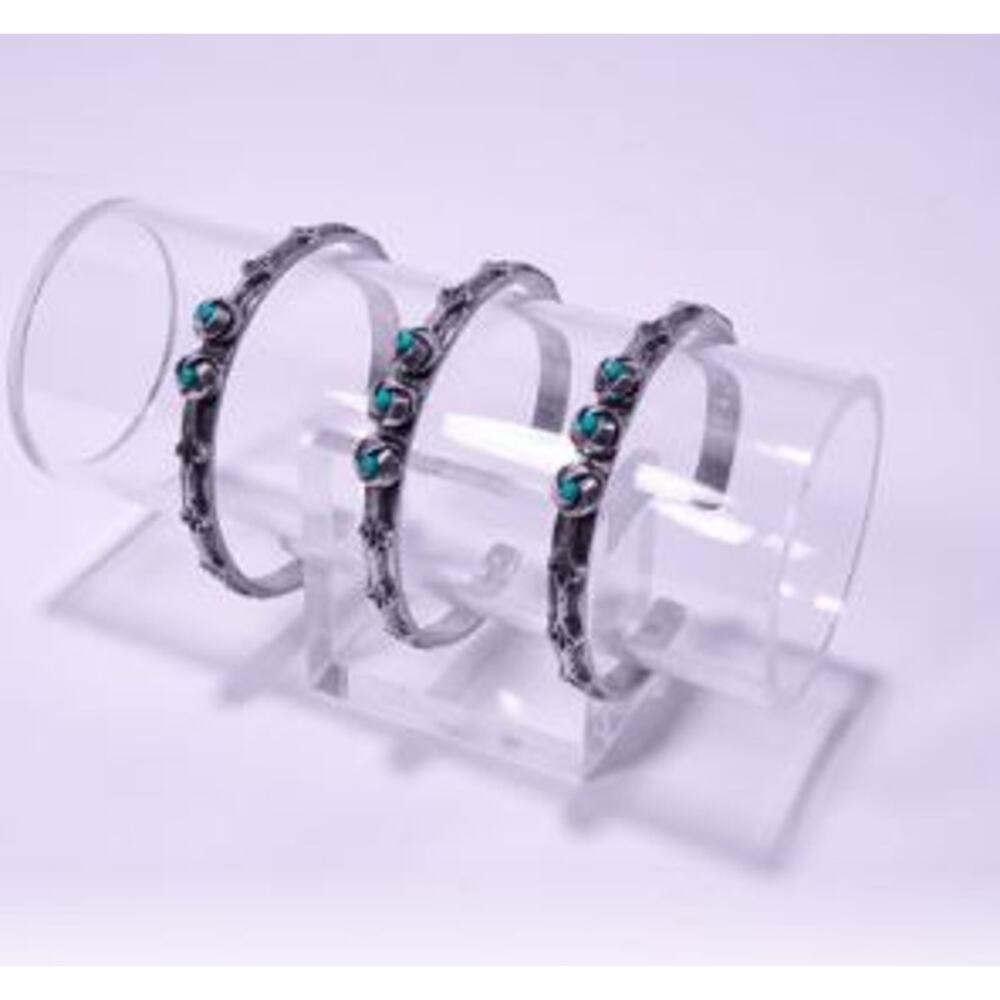 Designer Women's Antique Silver Petal Flower Turq Stone Cuff Bracelet Set of 3